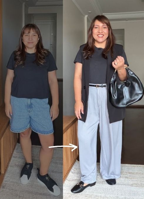 Antes e depois: Luiza usando a mesma camiseta preta em dois looks diferentes