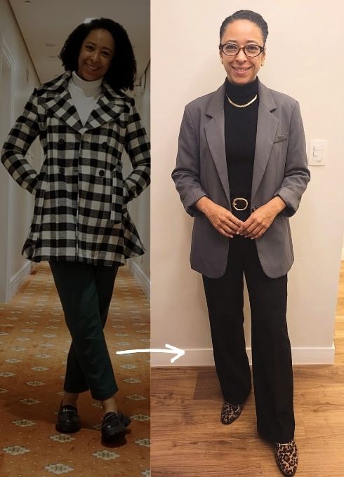 Antes e depois: Marcela trocou o casaco xadrez pelo blazer cinza elegante