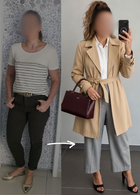 Antes e depois: Rebeca substituiu o look básico por uma composição elegante com trench