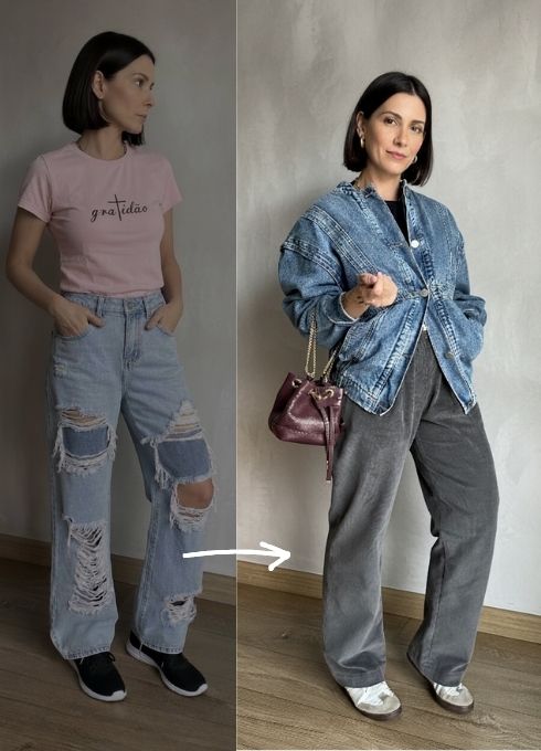Antes e depois: Flávia modernizou o look com jaqueta jeans e calça larga