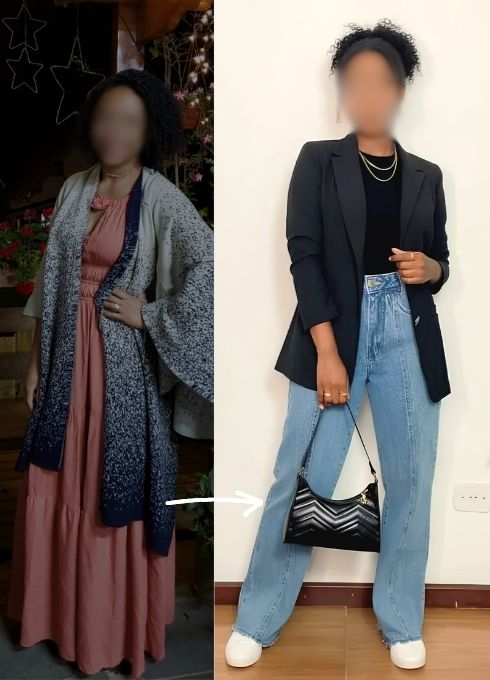 Antes e depois: Ana Paula elevou o visual com blazer preto e calça jeans de alfaiataria
